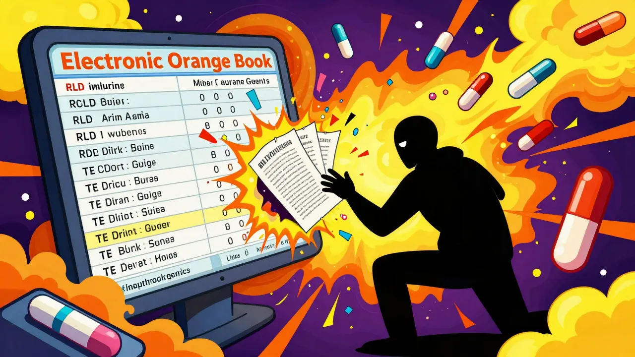 Digital Orange Book dashboard with scrolling drug lists and exploding fake patents, rendered in psychedelic colors.