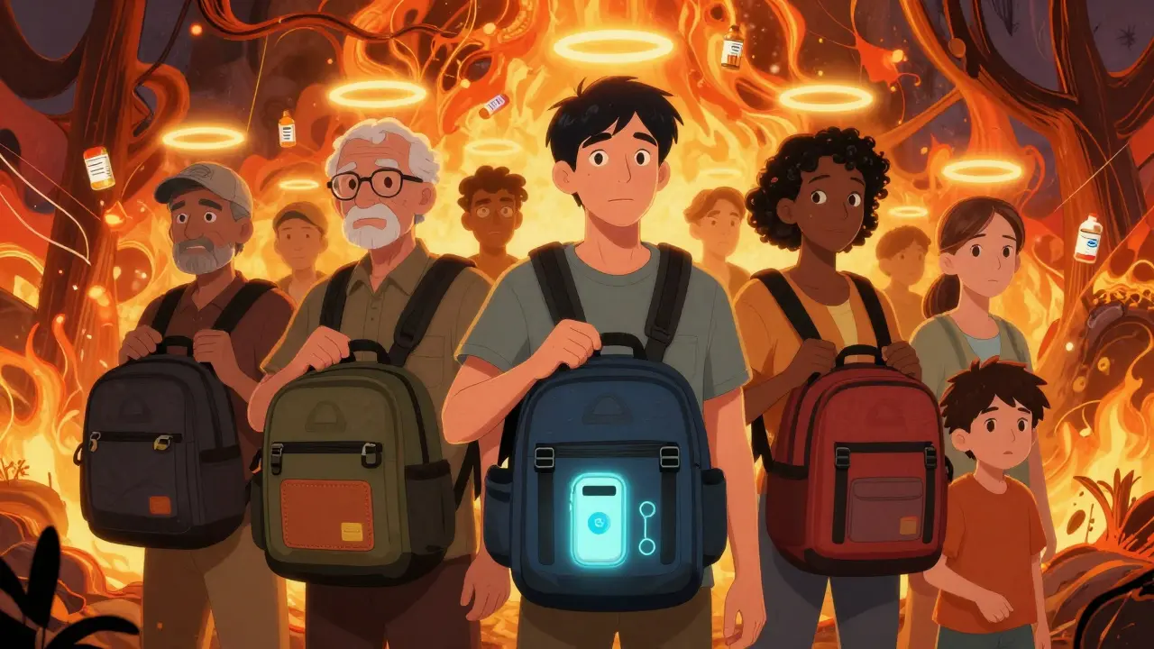 Diverse evacuees carrying glowing go-bags during a wildfire, with floating medication labels and cooling devices in vibrant psychedelic style.