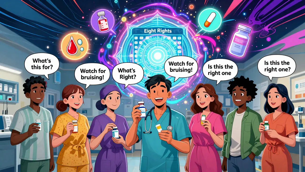Diverse patients discussing medications with glowing Eight Rights checklist in background.