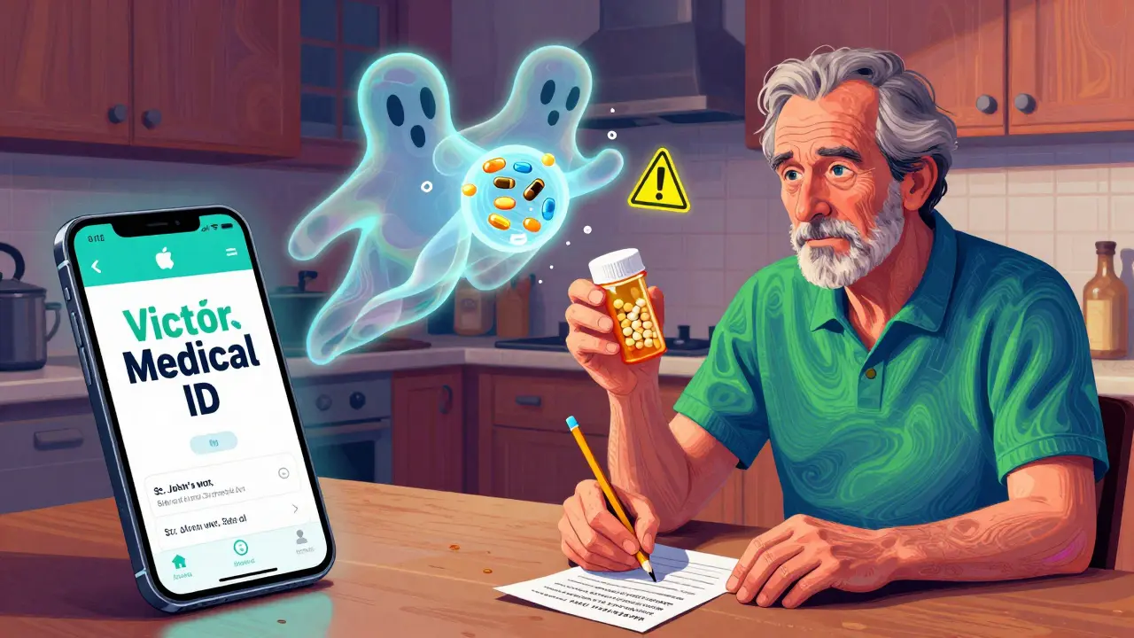 Elderly man writing medication list at kitchen table, phone showing Medical ID with floating supplement warnings.