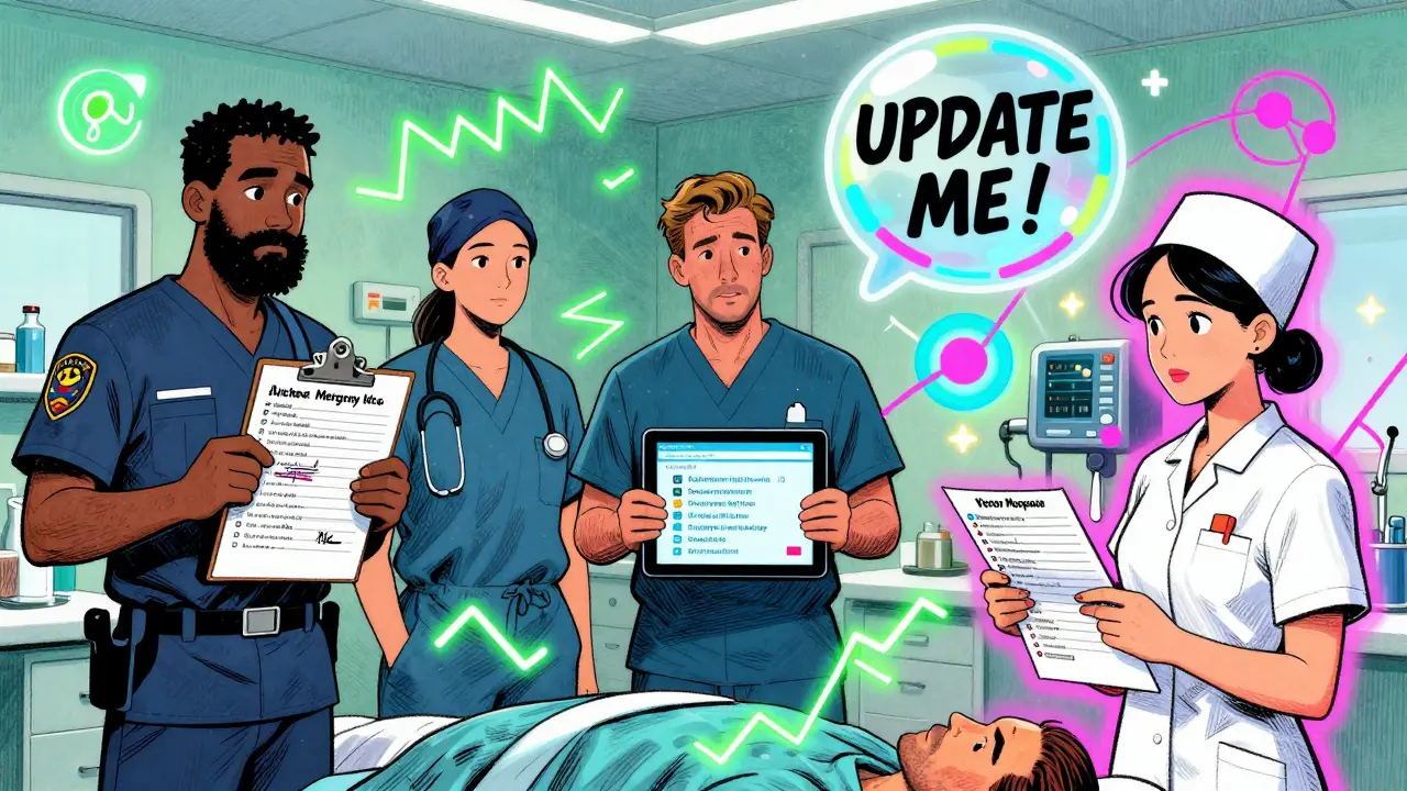 ER team surrounded by paper and digital medication lists with glowing interaction warnings in vibrant comic style.