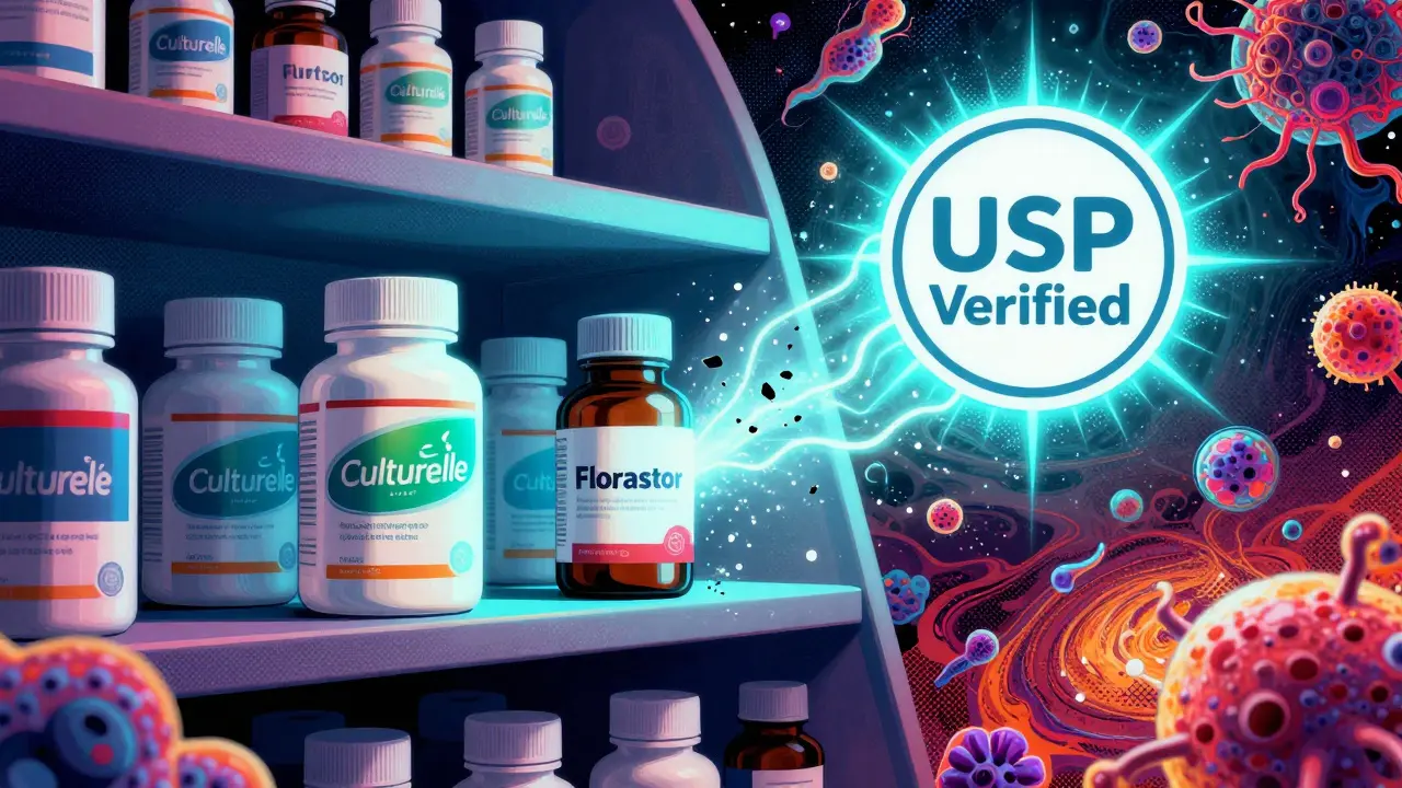Glowing probiotic bottles on a shelf with crumbling generic brands, surrounded by a microbiome galaxy in psychedelic art.