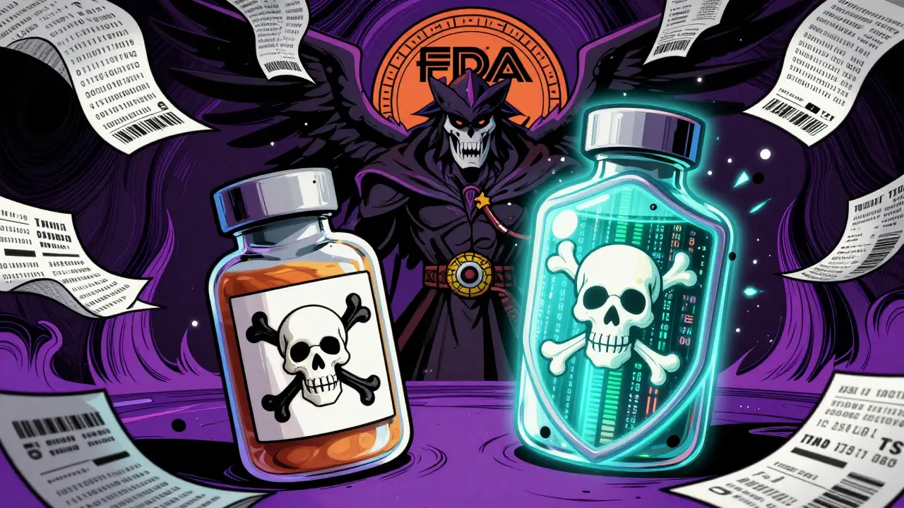 Heroic serialized drug bottle defeating a counterfeit pill with skull label amid flying transaction data.