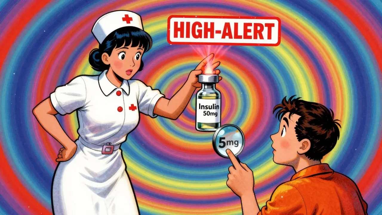 Nurse nearly giving wrong insulin dose as patient points to correct label in vibrant psychedelic style.