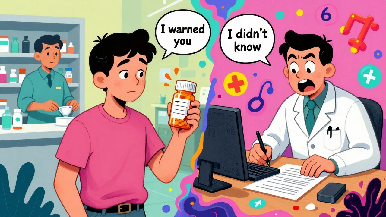 Patient holding pill bottle in split scene: pharmacist switching generics vs. doctor documenting warnings with psychedelic text bubbles.
