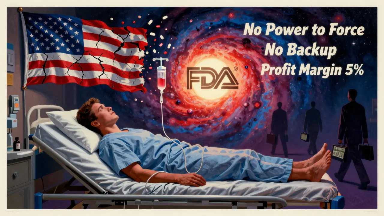 Patient on bed connected to a fading IV galaxy, with crumbling flag and FDA logo above.