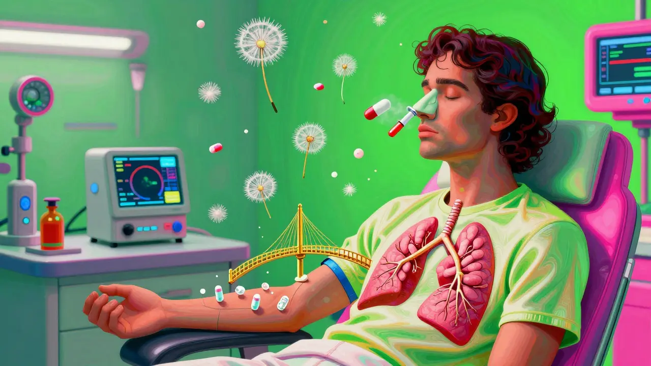 Patient receiving aspirin treatment as golden bridges restore healthy airways and polyps turn into floating dandelion fluff.