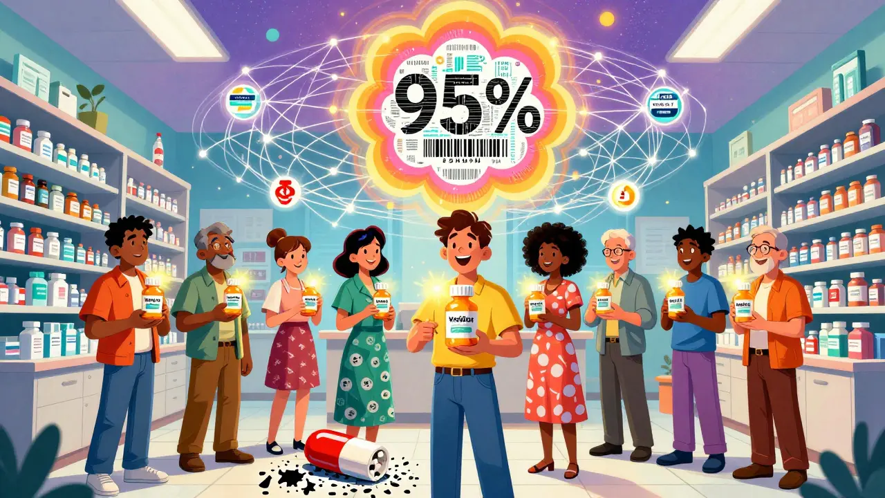 Patients holding verified pills connected by a web of barcodes, with fake drugs crumbling below.