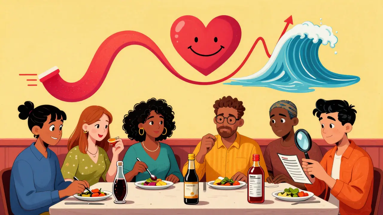 People in a restaurant making smart sodium swaps, with a J-curve graph transforming into a calming heart.