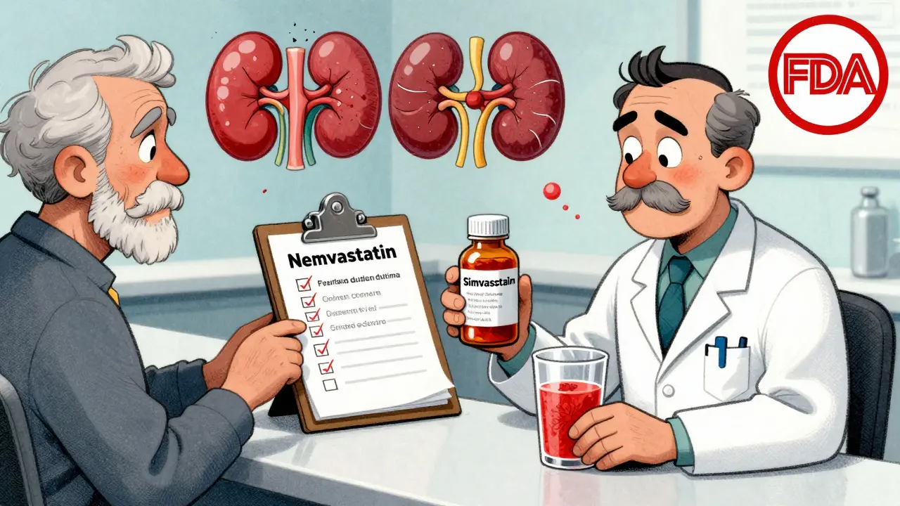 Pharmacist checking dangerous drug combinations while patient holds simvastatin and grapefruit juice.