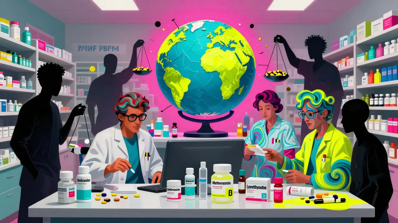 Pharmacists swapping generic drug labels in a chaotic hospital, while shadowy buyers tip scales toward pennies and a pulsing globe warns of shortages.