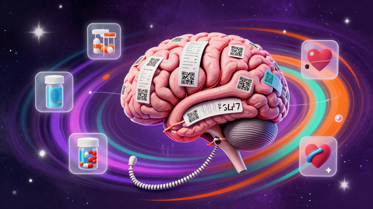 Phone transforms into a glowing brain with medication charts and digital health icons in psychedelic swirls.