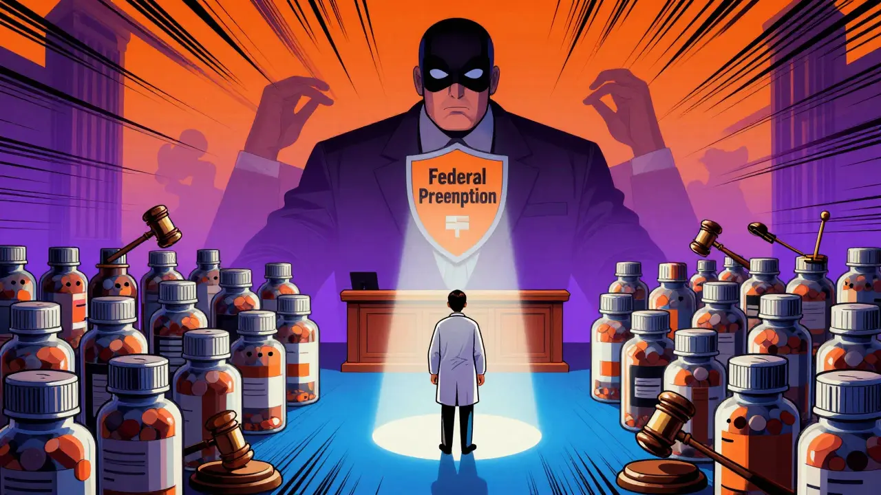 Physician in courtroom surrounded by pill bottles with lawyer gavels, facing a shield labeled 'Federal Preemption'.