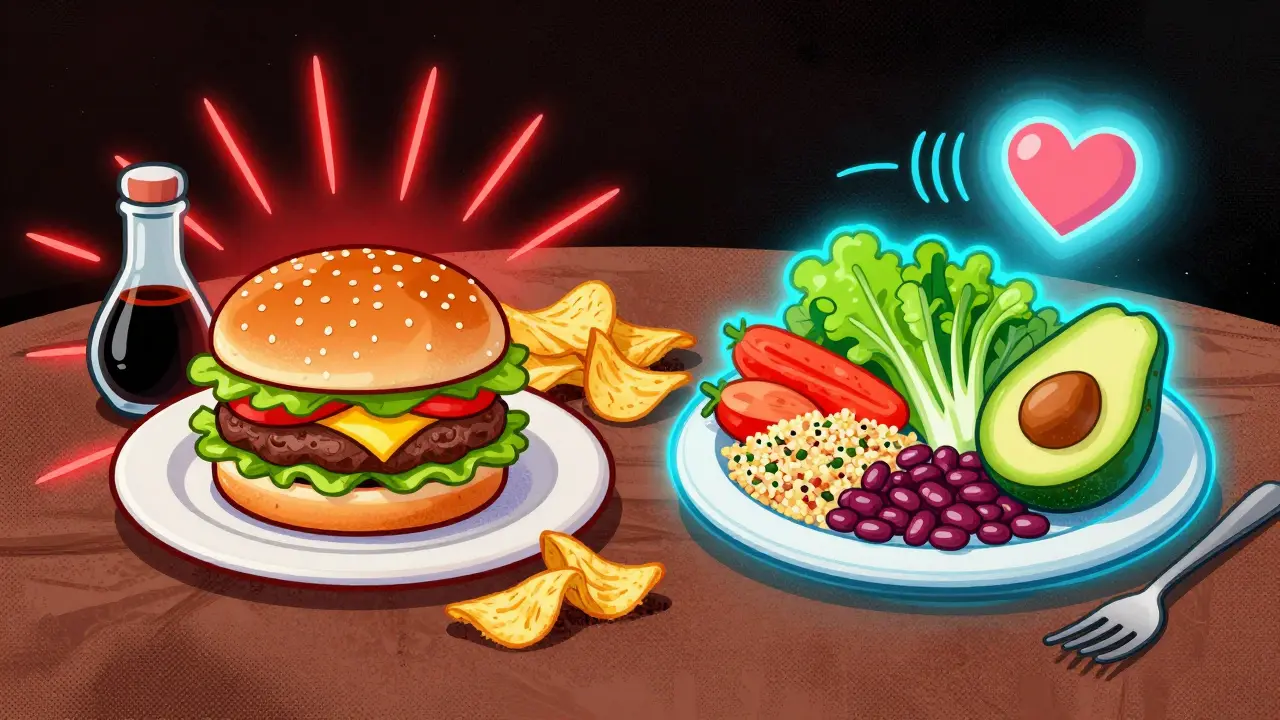 Split dining table: one side shows high-sodium fast food, the other a colorful DASH diet plate with healthy foods.