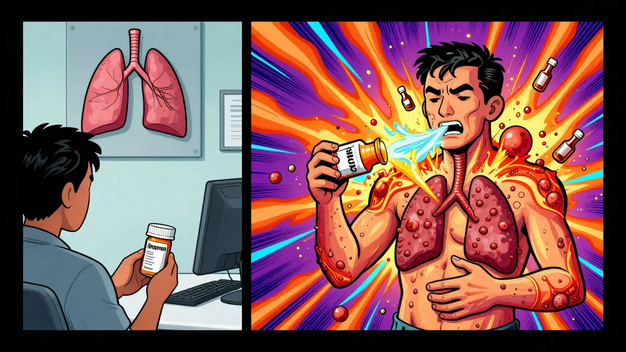 Split illustration of a person reacting to ibuprofen with exploding sinuses and asthma symptoms in vibrant, vibrating cartoon style.