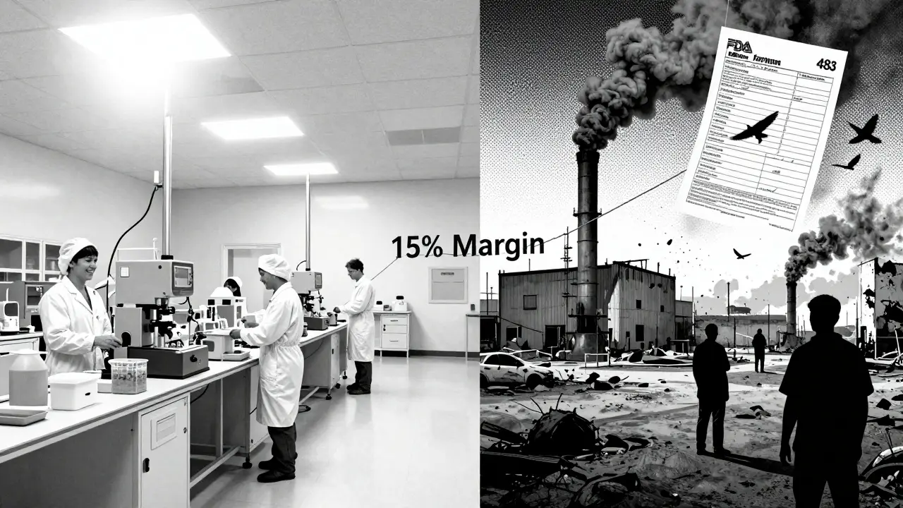 Split image: clean U.S. factory vs. crumbling overseas plant, connected by a snapping thread labeled '15% Margin', in vivid op-art style.