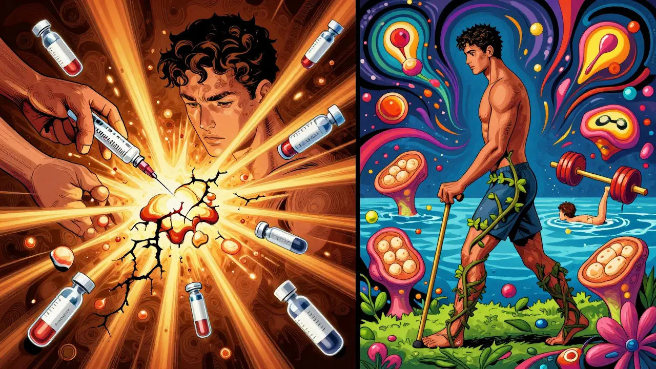 Split-panel comic: left shows destructive steroid effects, right shows healthy alternatives like physical therapy and swimming in psychedelic style.