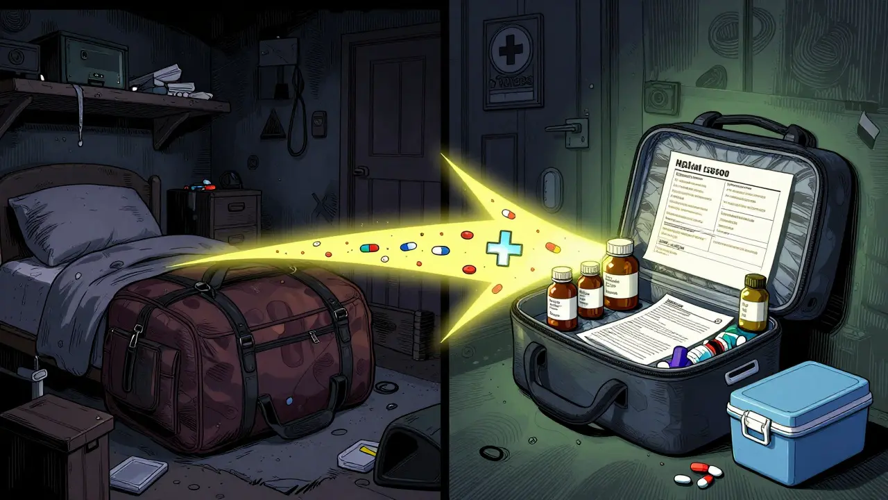 Split scene: neglected go-bag vs. organized, glowing one in shelter, connected by medical symbols in bold, vibrating colors.
