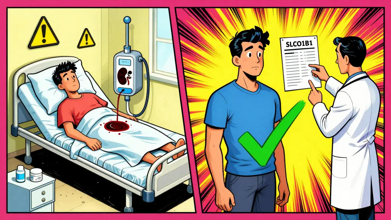 Split scene: patient in hospital with dark urine vs. healthy patient switching to safer statin.