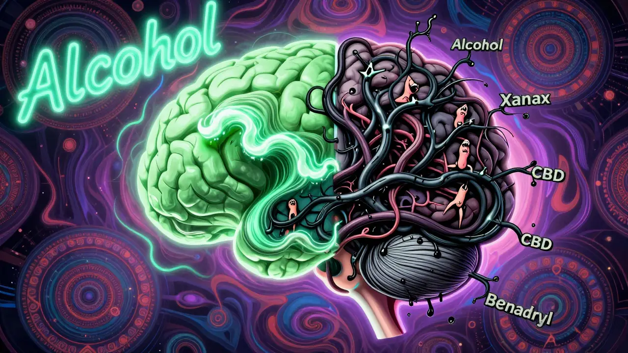A brain split open showing anti-nausea energy vs. choking sedative vines in vivid psychedelic colors.
