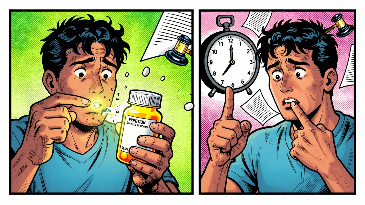 A confused patient beside a pill bottle, one hand pointing to a dissolving pill, the other to falling legal documents, in bold comic style.