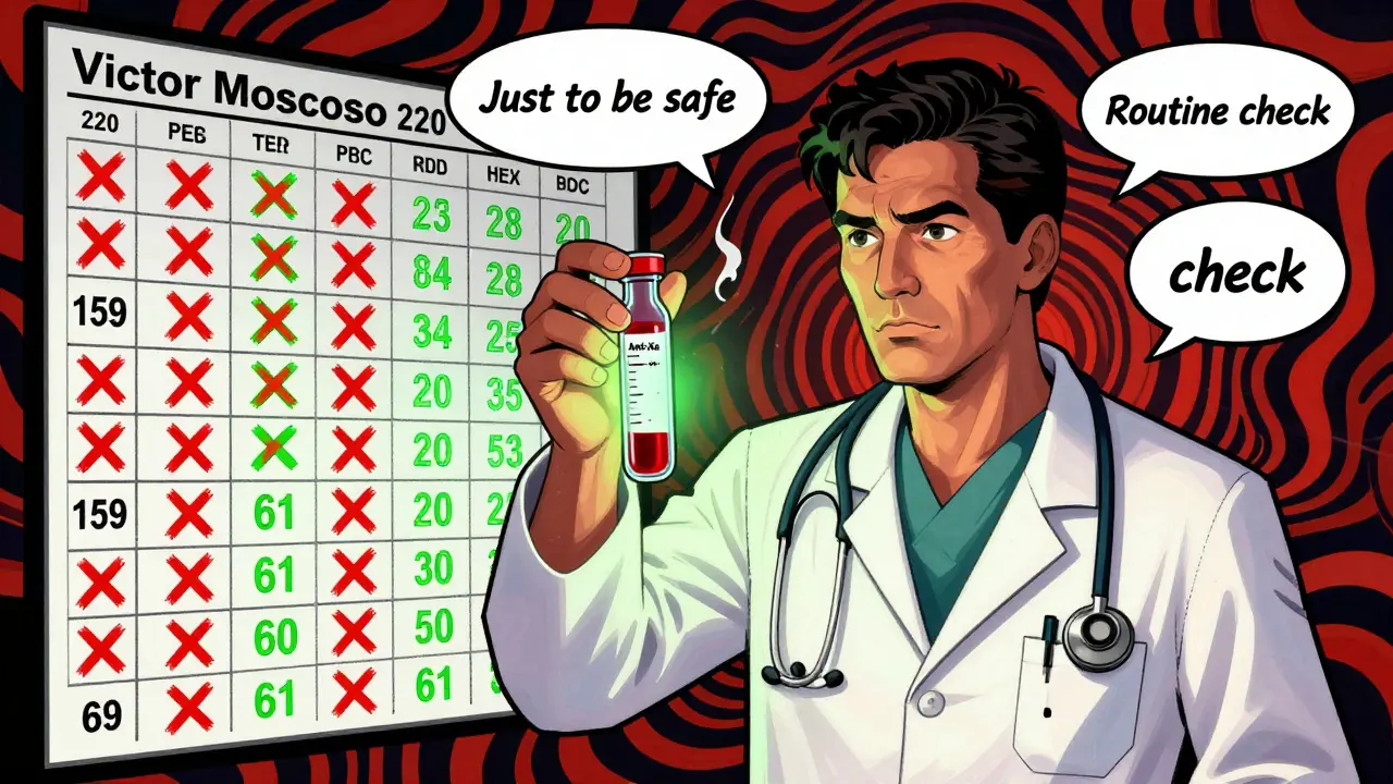 A doctor holds a glowing blood vial before a wall of test results, with most crossed out in red and only a few glowing green in psychedelic style.