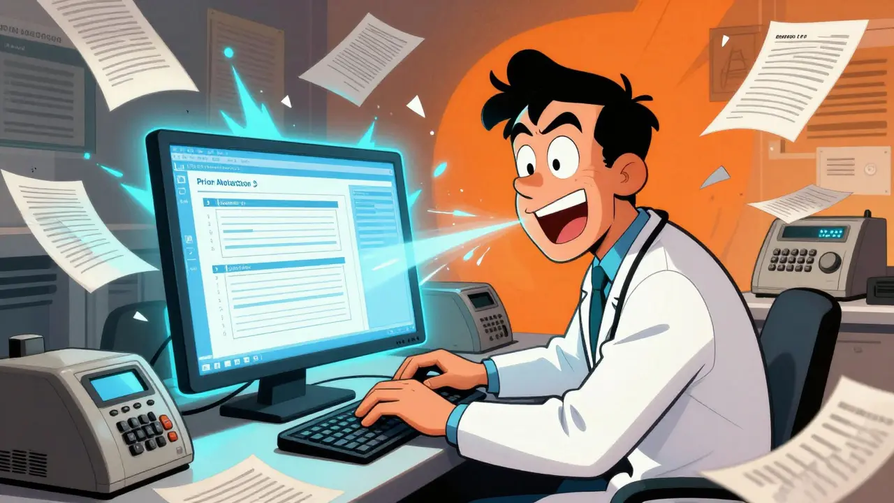 A doctor using a digital system to instantly process prior authorization, with paper forms dissolving away.