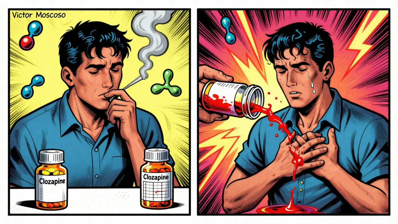 A patient before and after quitting smoking, with drug levels spiking dangerously on one side.