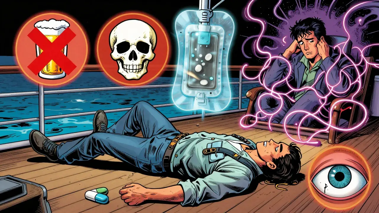 A researcher collapsing on a ship deck as sedative symbols hover around them in vibrant, chaotic art style.