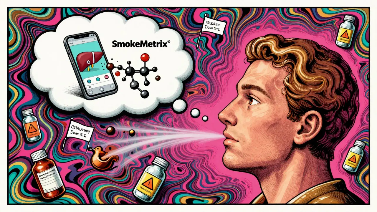 A smartphone app analyzing breath to measure enzyme activity, with floating medication warnings.