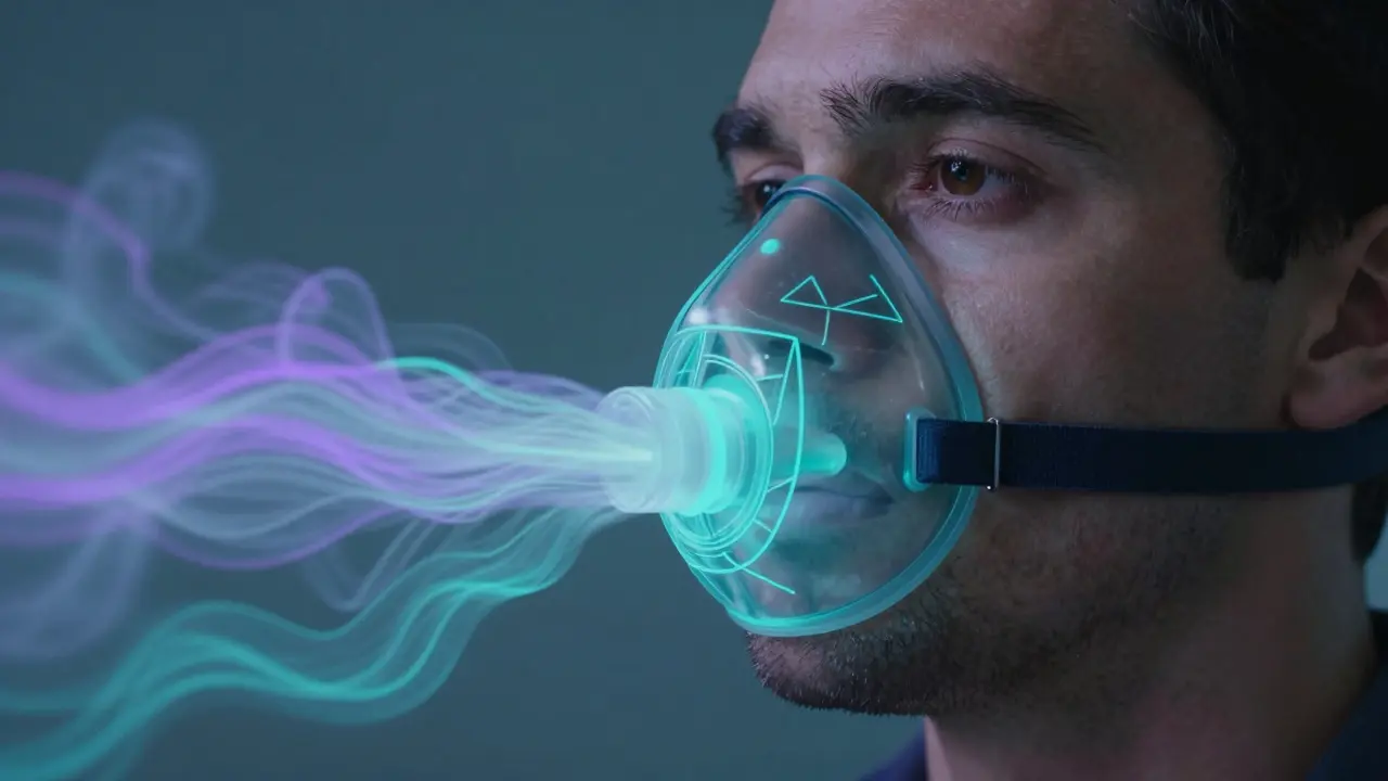 CPAP mask emitting colorful air streams to maintain clear airway during sleep.