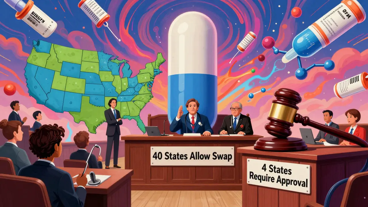 Giant biosimilar pill on trial against original drug, with state maps as jurors in psychedelic courtroom scene.