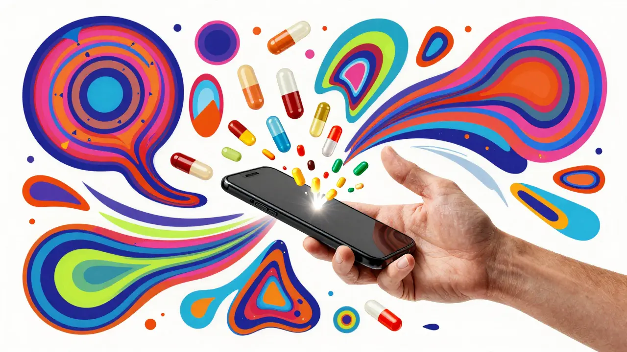 Hand reaching for phone amid swirling dangerous medication interaction patterns