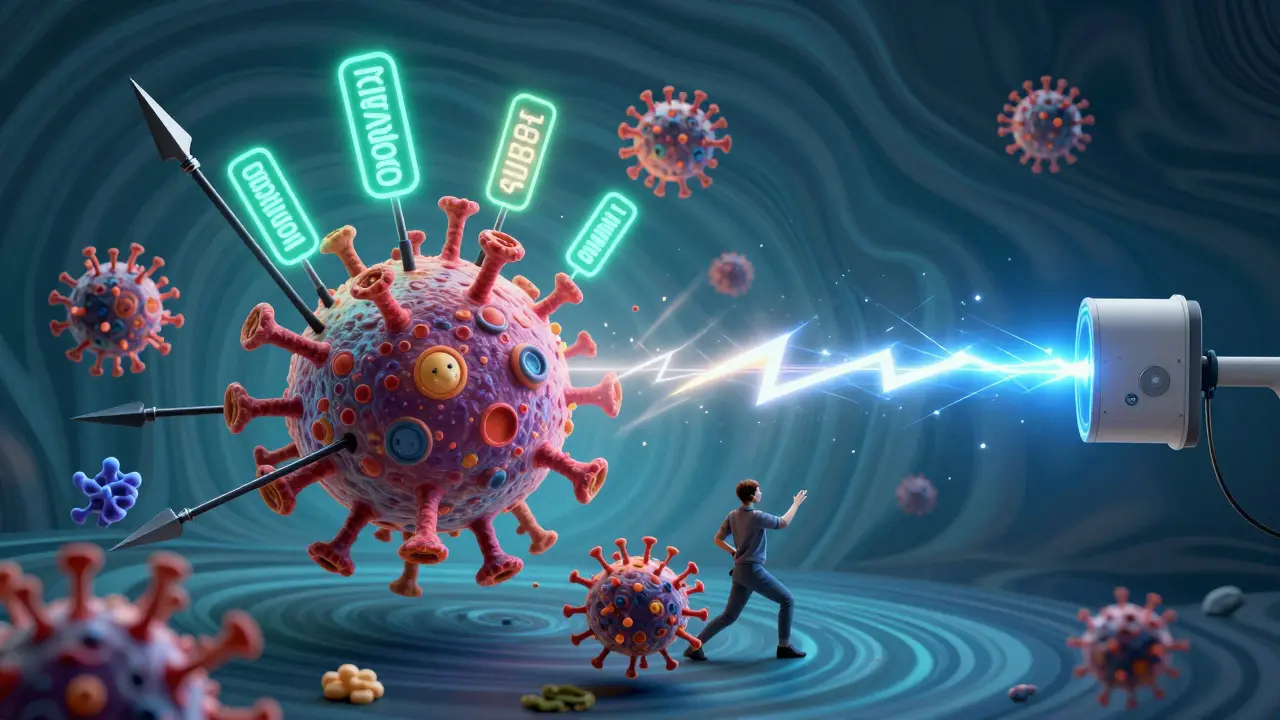 Immune cells attacking a tumor after radiation exposure, with glowing antigens and repair protein battles in vivid psychedelic art.