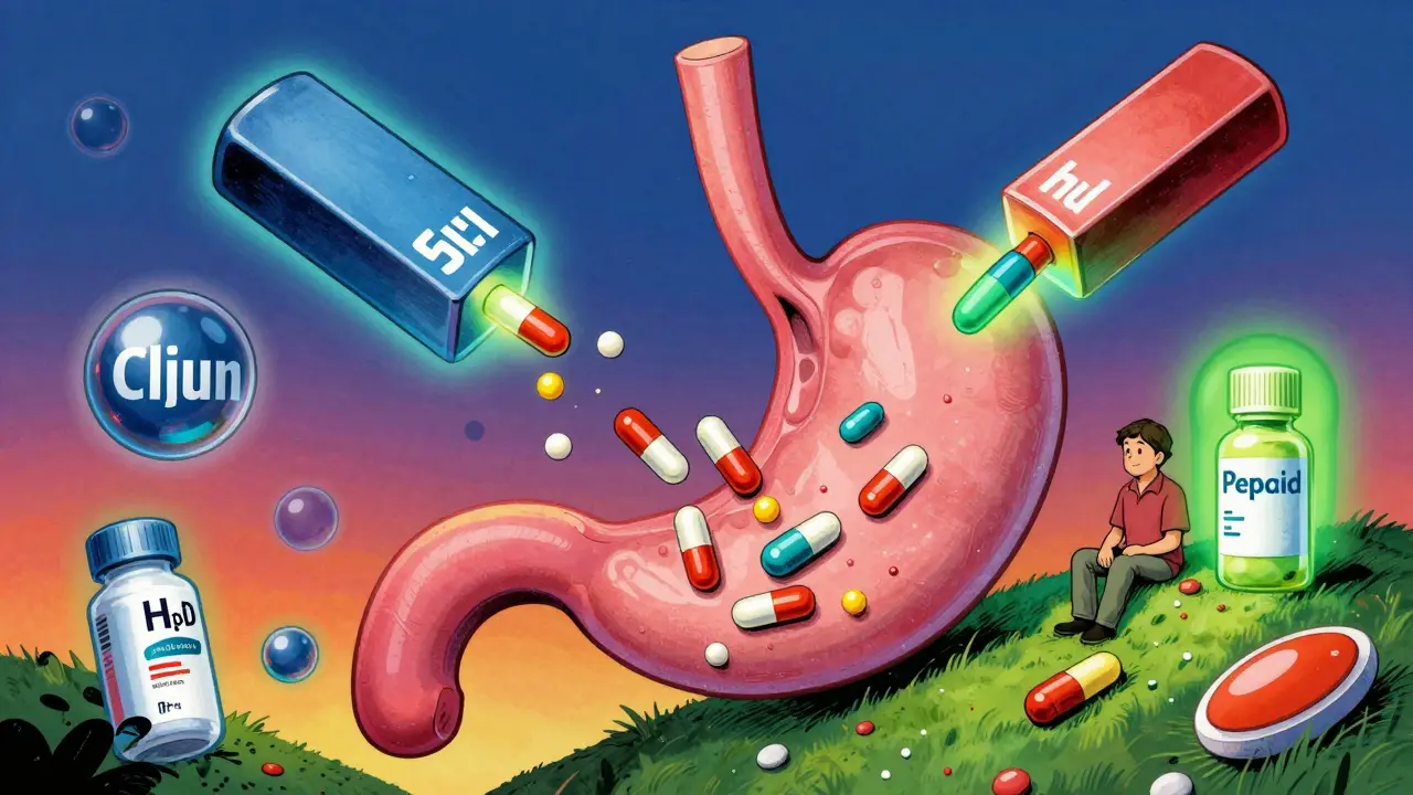 Metal ions magnetizing antibiotics in stomach while safer meds glow safely nearby