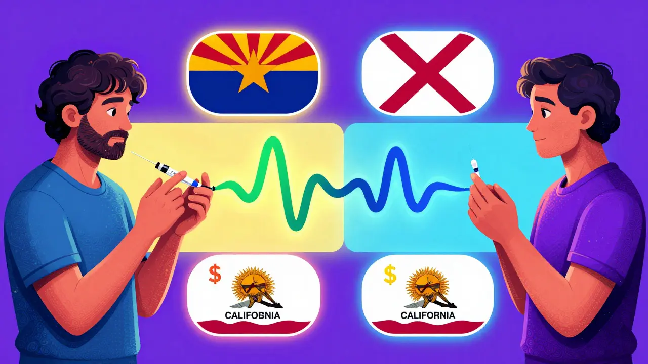 Patient receiving two similar biologic injections connected by swirling waves, with state maps floating around.