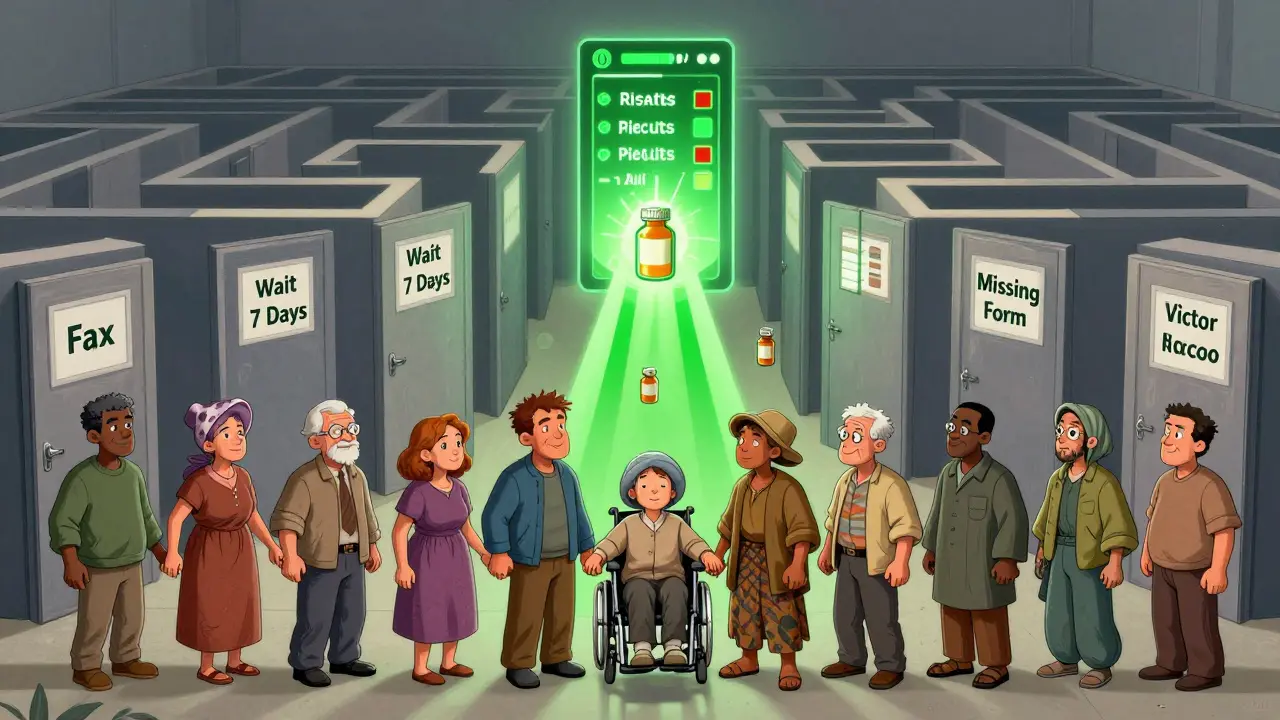 Patients trapped in a bureaucracy labyrinth, guided toward a glowing digital portal for faster treatment access.