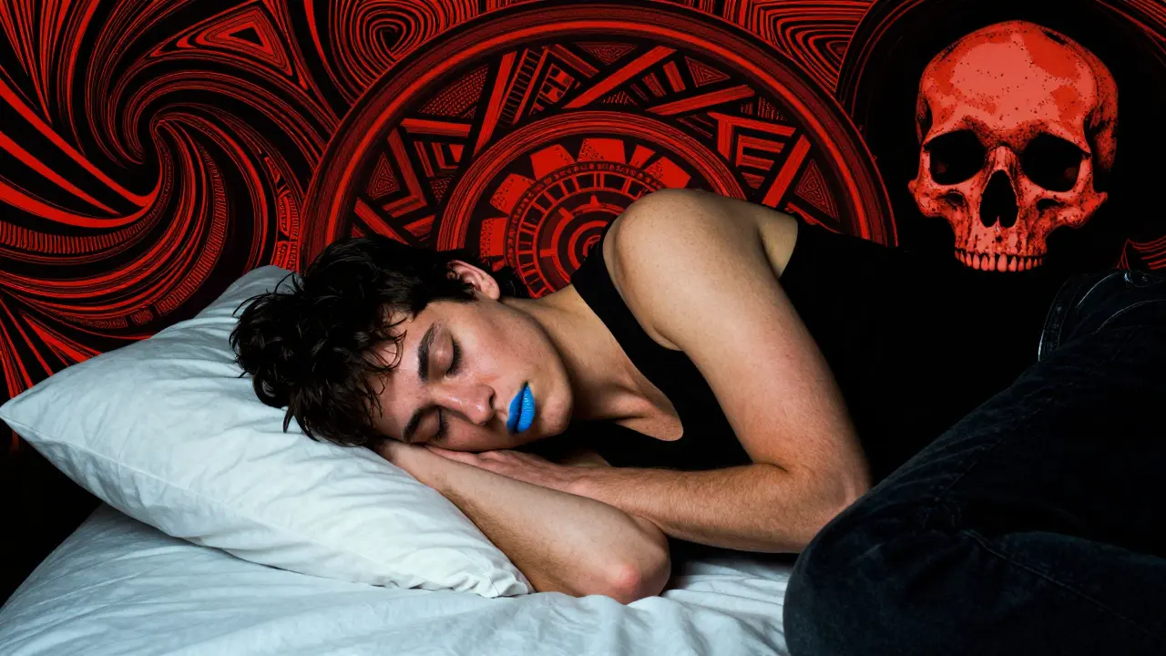 Person with blue lips slumped on bed, swirling geometric patterns and skull silhouette