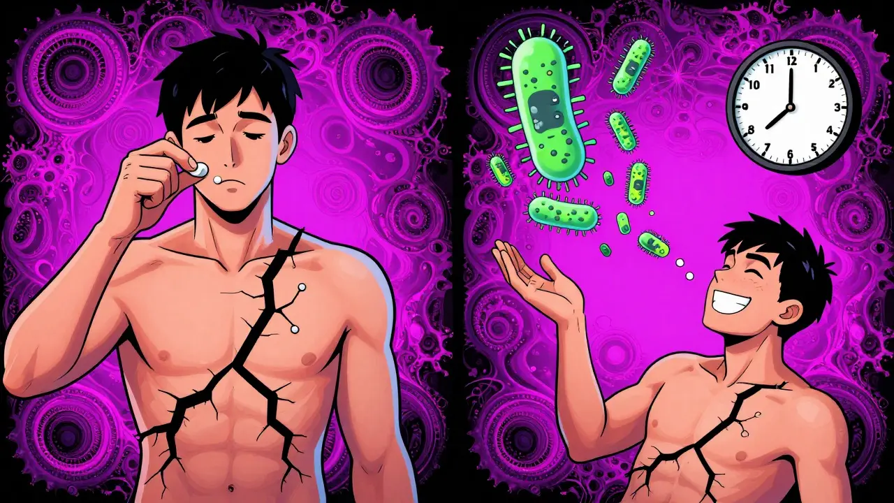 Split scene: failed antibiotic treatment vs. properly spaced doses with vibrant colors