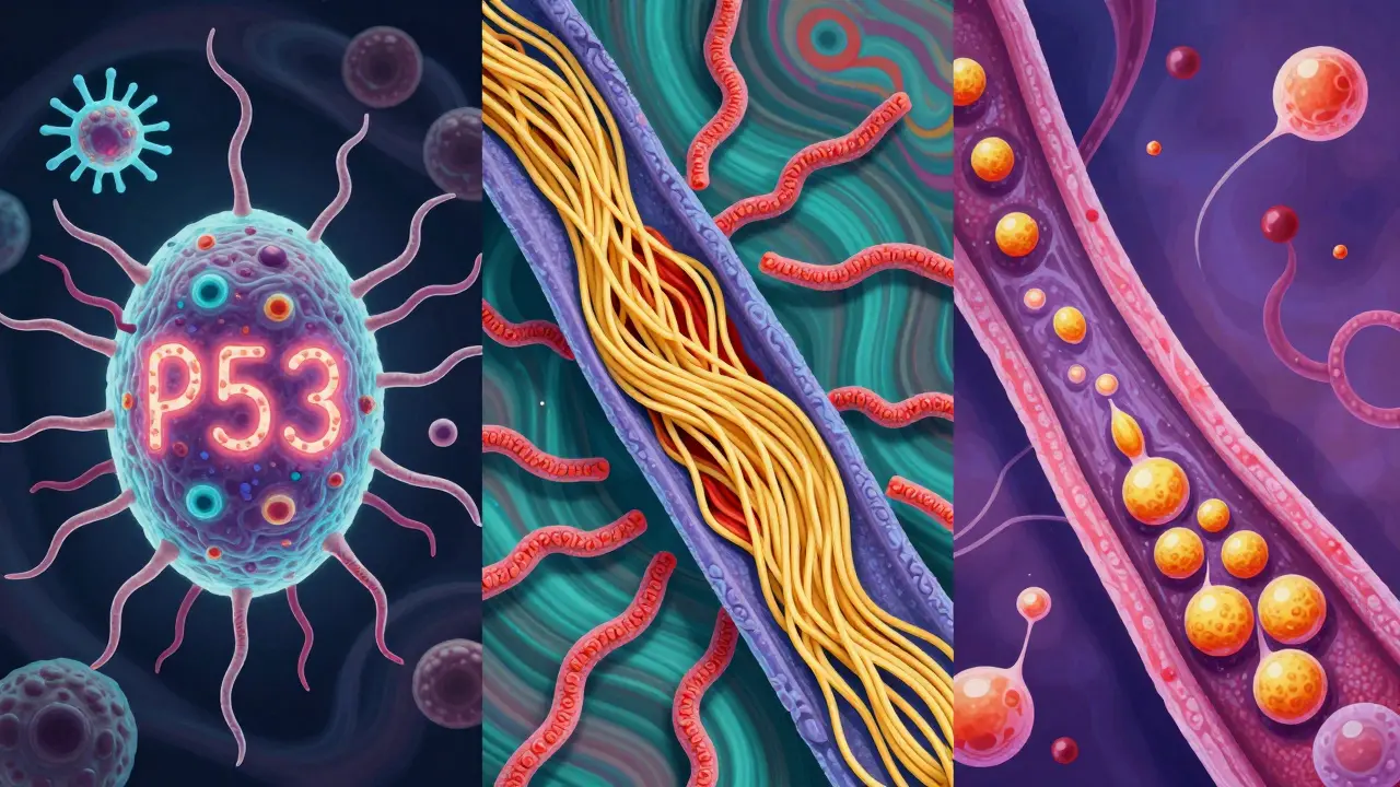 Three mechanisms of cancer cell death: apoptosis, failed division, and ceramide signaling, illustrated in vibrant psychedelic style.