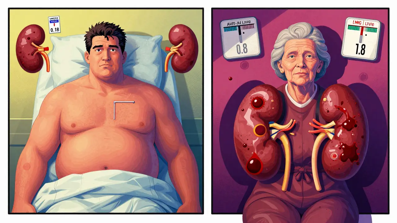 Two patients side by side: one obese with low Anti-Xa, one elderly with high Anti-Xa, surrounded by symbolic icons of kidney function and weight.