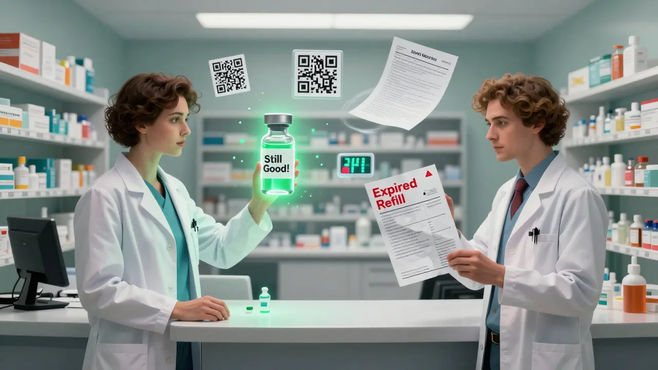 Two pharmacists at a counter, one holding a glowing insulin vial, the other a crumpled form, surrounded by digital codes and legal glyphs in psychedelic art style.