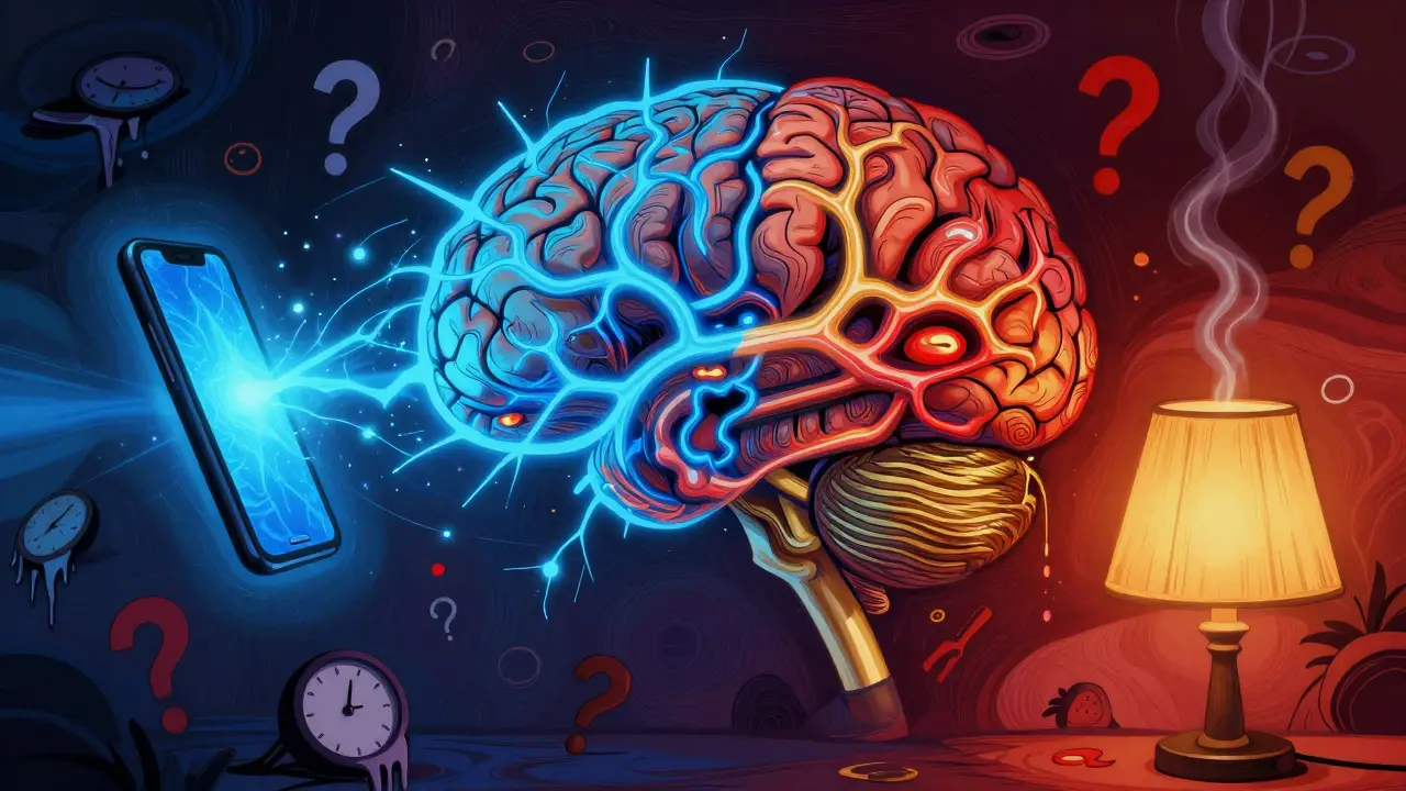 A brain split between chaotic blue light disruption and calm warm light, symbolizing sleep disruption versus restoration.