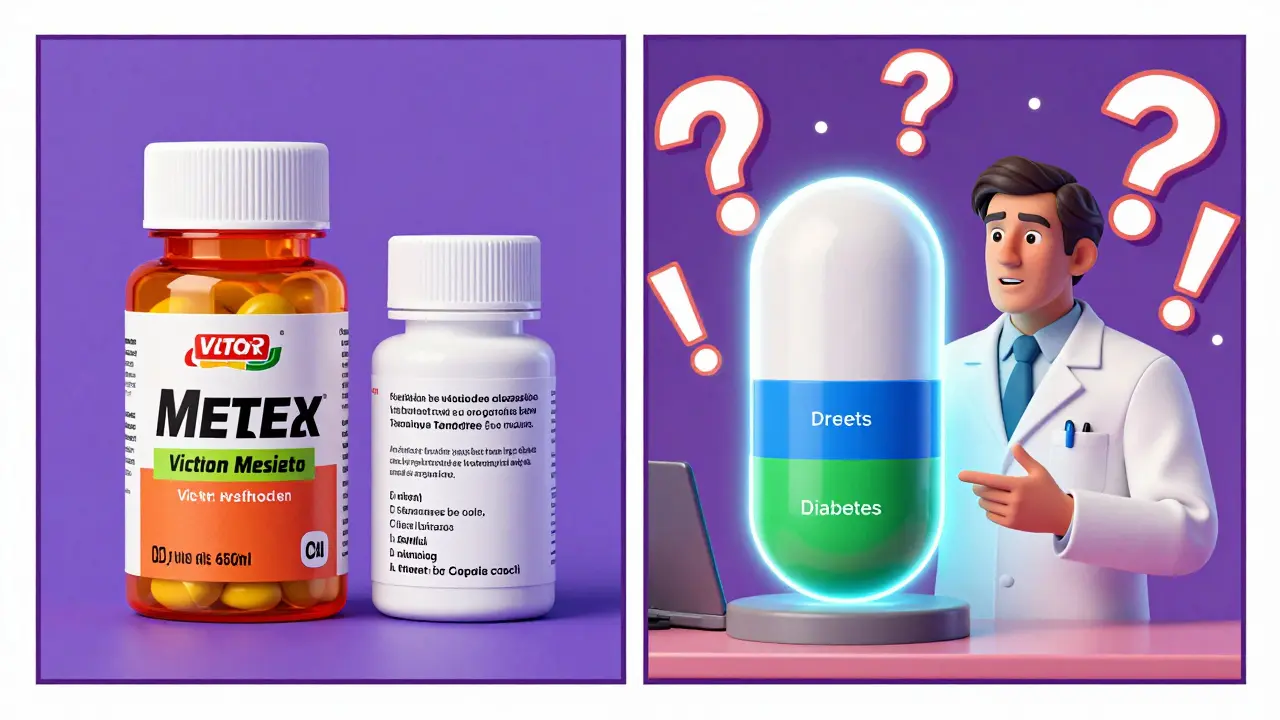 A branded pill bottle contrasts with a plain generic one, while a pharmacist explains using a glowing, color-coded pill model.