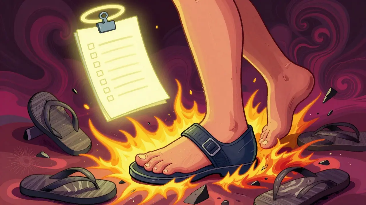 A diabetic patient safely stepping into a properly fitted therapeutic shoe, while damaged footwear shatters around them.