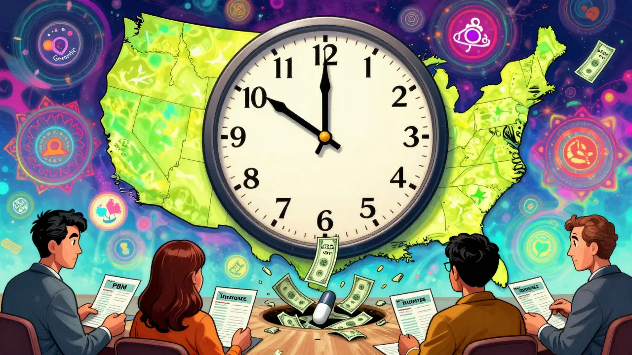 A giant clock made of pills pouring .73 bills into a PBM money pit, symbolizing hidden fees on 10 billion generic prescriptions annually.