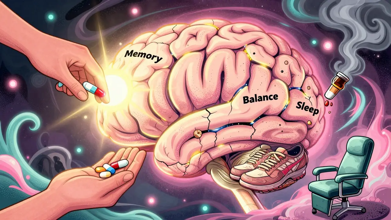 A glowing elderly brain being healed by natural remedies and therapy, while benzodiazepine bottles fade into smoke.