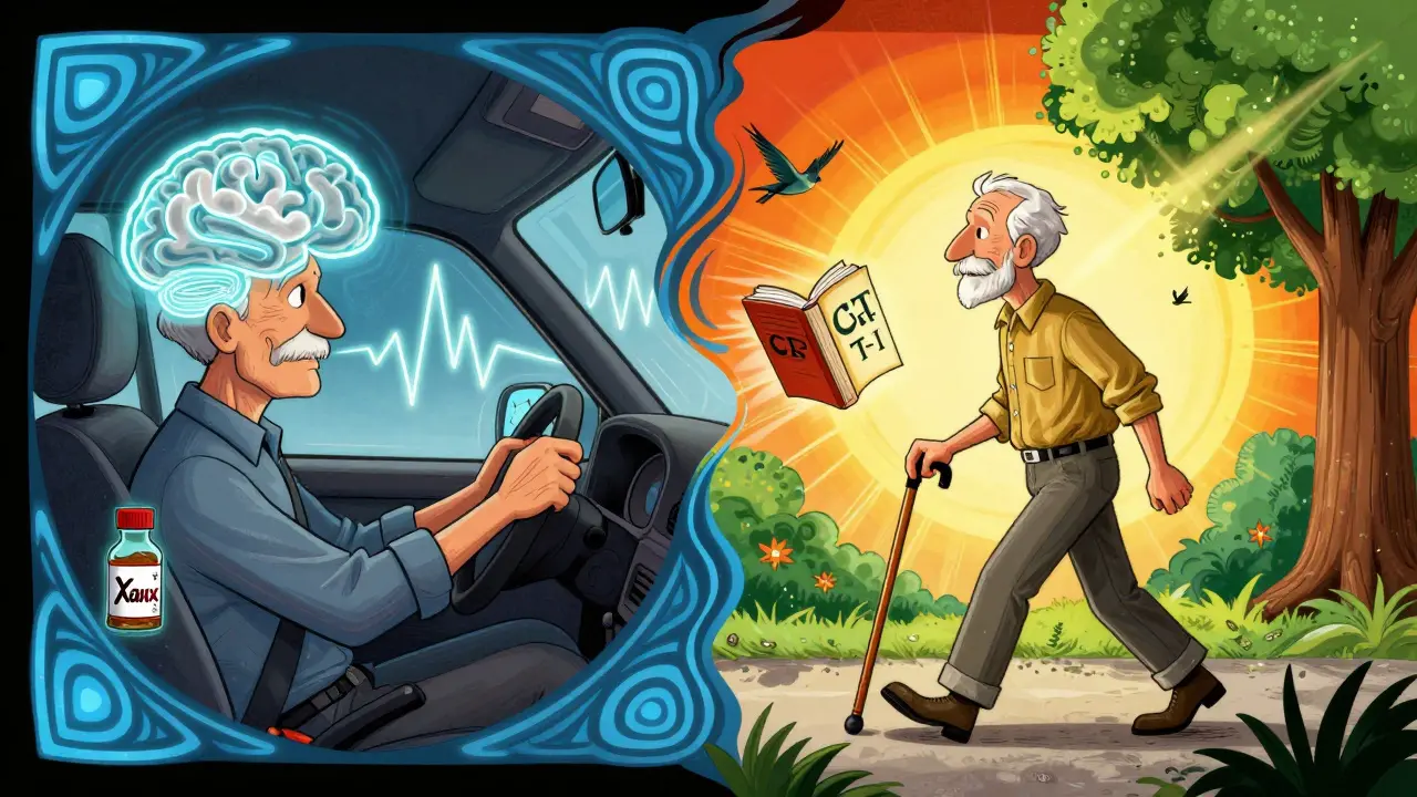 A senior driver with slowed brainwaves on one side, and the same man thriving with CBT-I and sunlight on the other, showing contrasting outcomes.