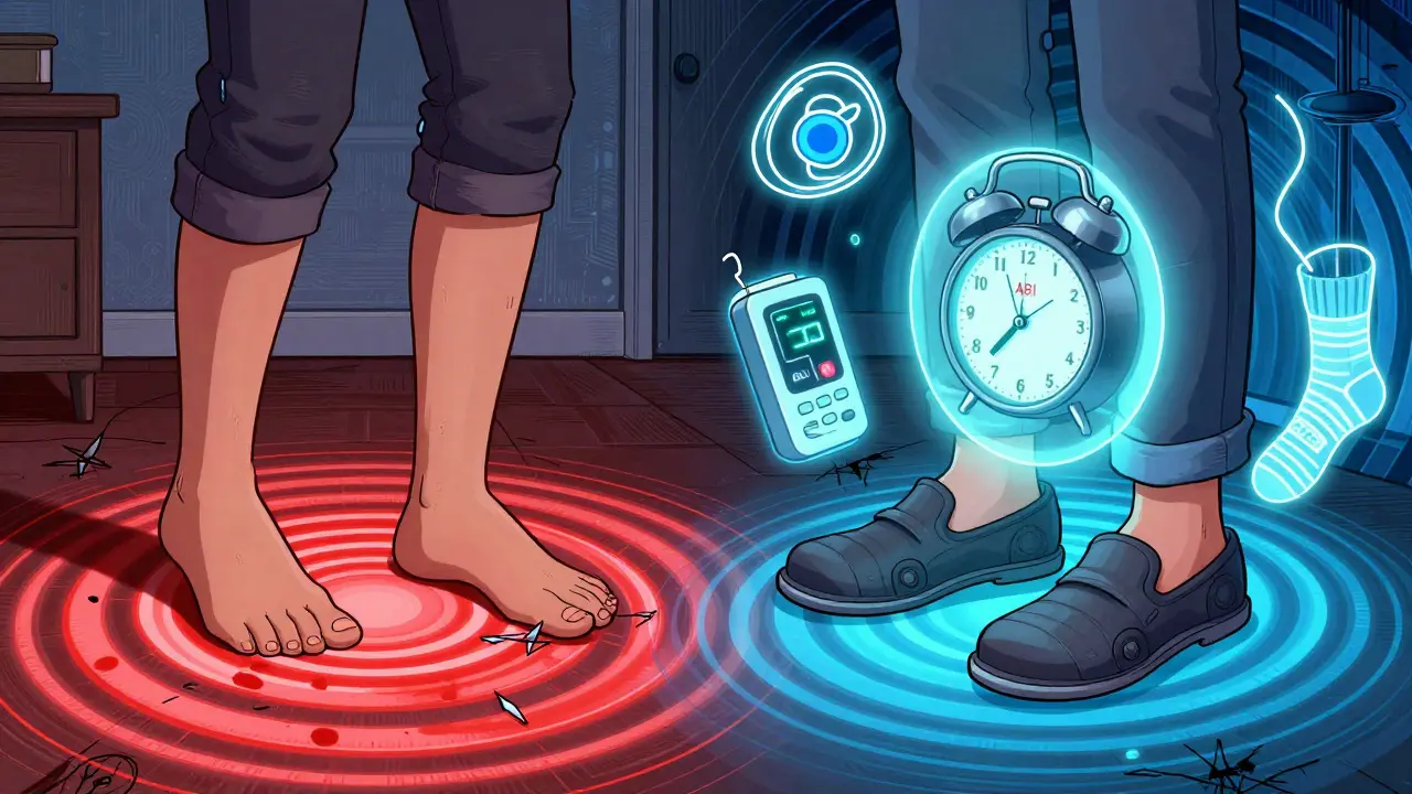 A split scene showing the danger of walking barefoot versus the safety of proper footwear, with medical tools floating nearby.