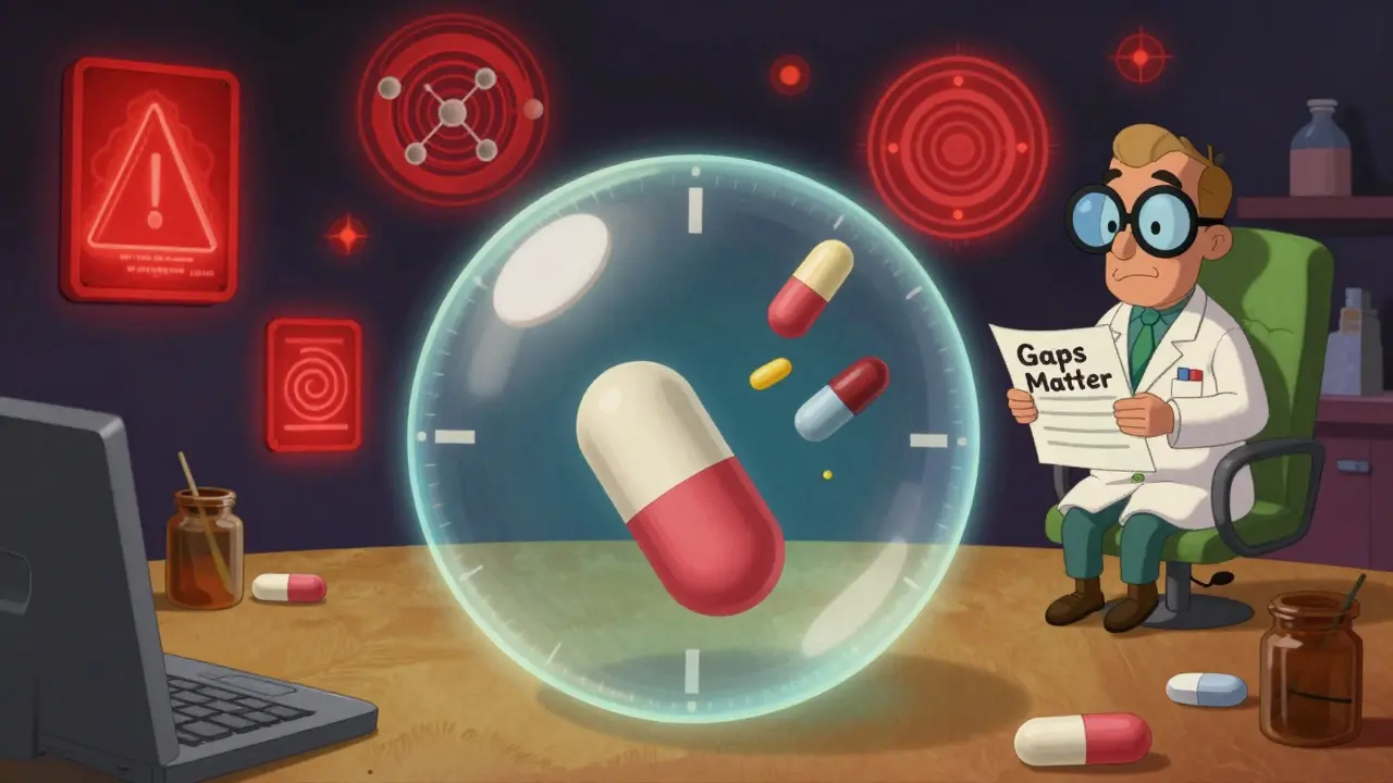 A thyroid pill protected by a four-hour time bubble as calcium supplements are frozen outside in a surreal cartoon landscape.